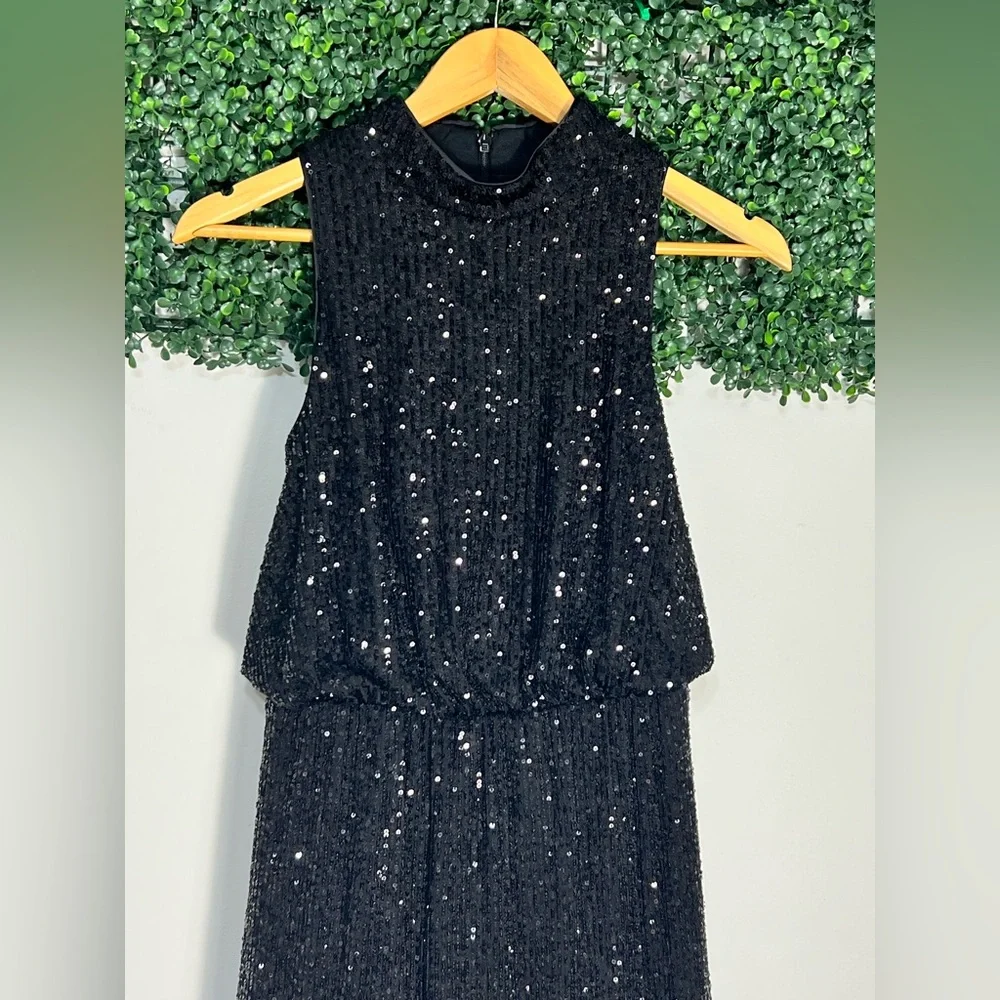 Eliza J Black Sequined Mini Cocktail Party Feather Bottom Dress Size 4 - Picture 3 of 14